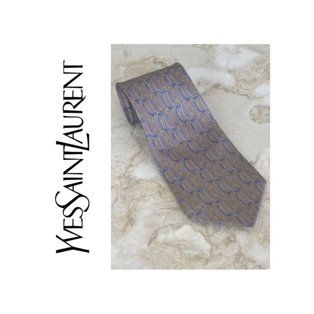 Yves Saint Laurent 100% Silk Grey Blue & Yellow Printed Tie